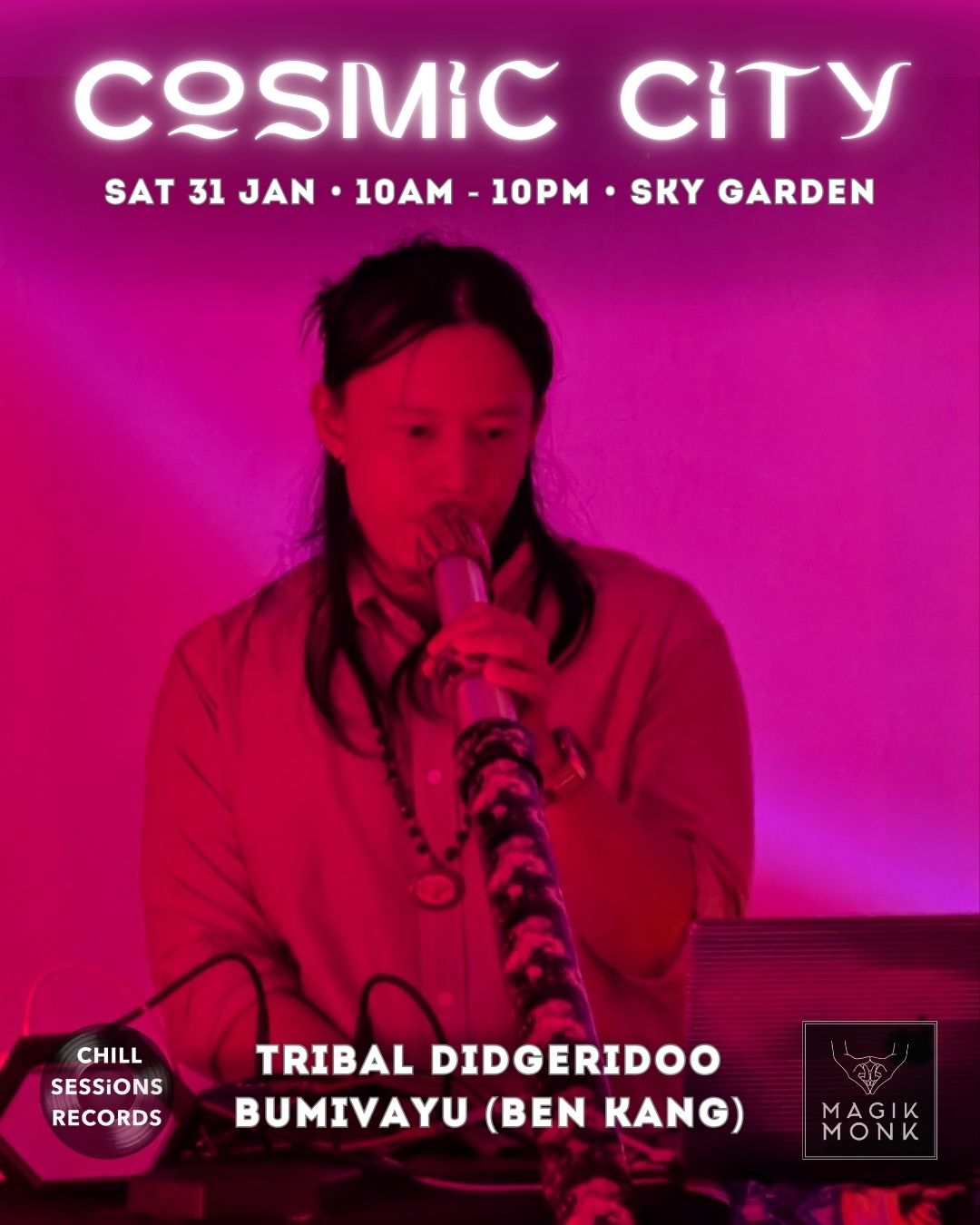 Event flyer for Musicpath Pro student Bumivayu’s didgeridoo show at Cosmic City, booked through the program, an example of monetizing your music.