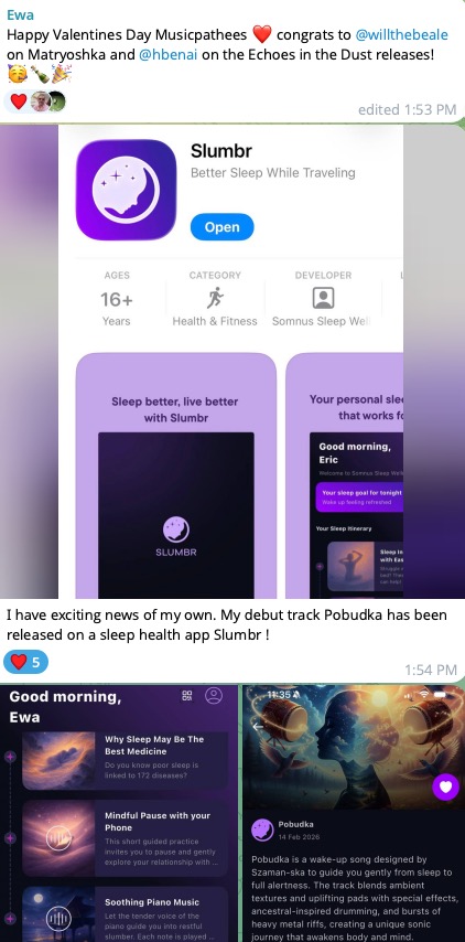 Musicpath Pro student Ewa sharing that her debut track was featured on the sleep app Slumbr, an example of monetizing music through the program.