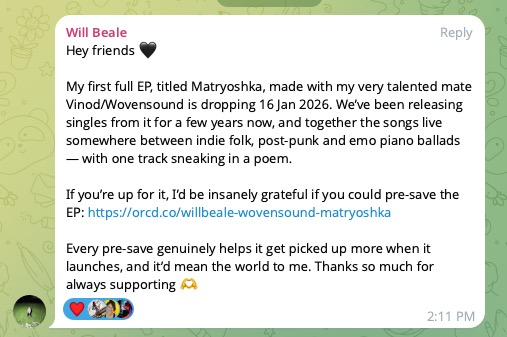 Musicpath Pro student Will Beale announcing his debut EP release and inviting friends to pre-save it, an example of releasing your own music.